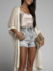 Openwork Open Front Three-Quarter Sleeve Cover Up - Trendsi