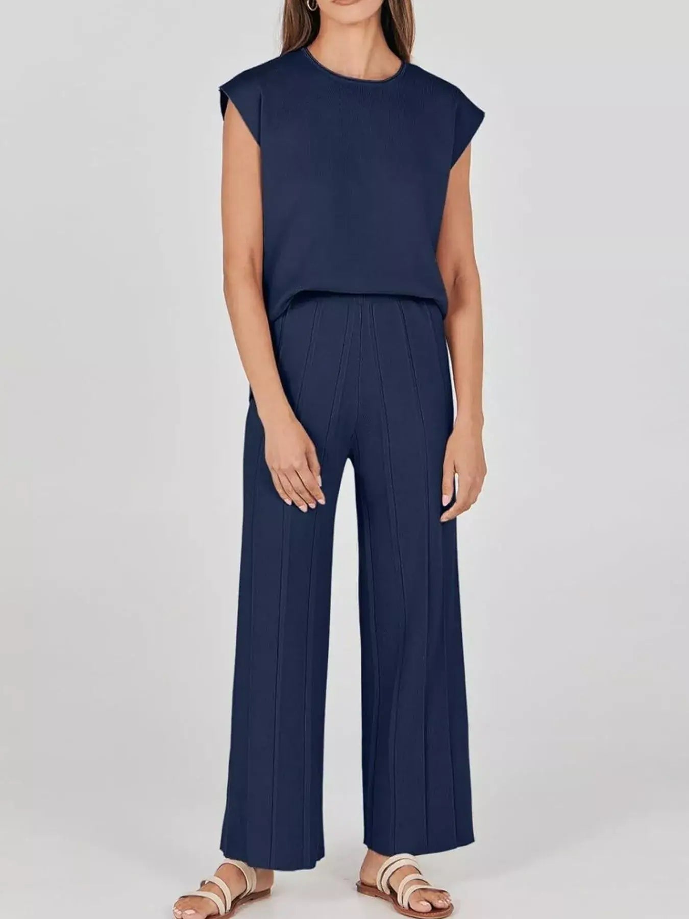 Casual Solid Color Cap Sleeve Top and Pants Knit Set - Trendsi - Flyclothing LLC
