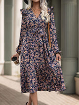 Printed Surplice Long Sleeve Midi Dress - Trendsi - Flyclothing LLC