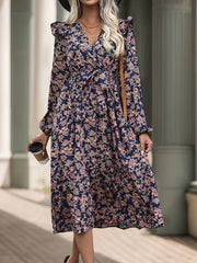 Printed Surplice Long Sleeve Midi Dress - Trendsi