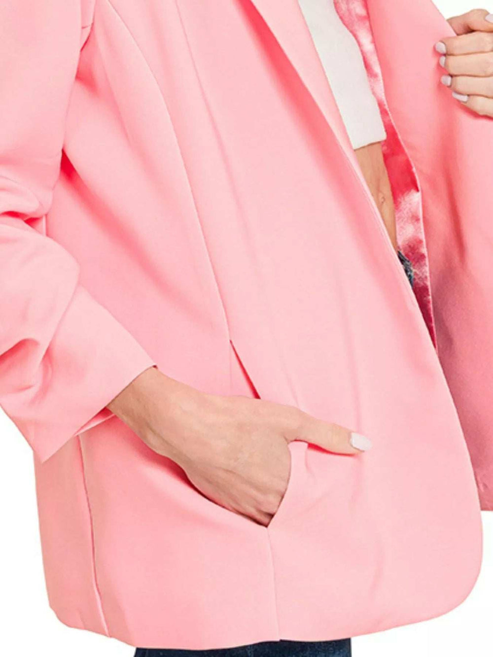 Zenana Woven 3/4 Ruched Sleeve Open Front Classic Blazer - Trendsi - Flyclothing LLC