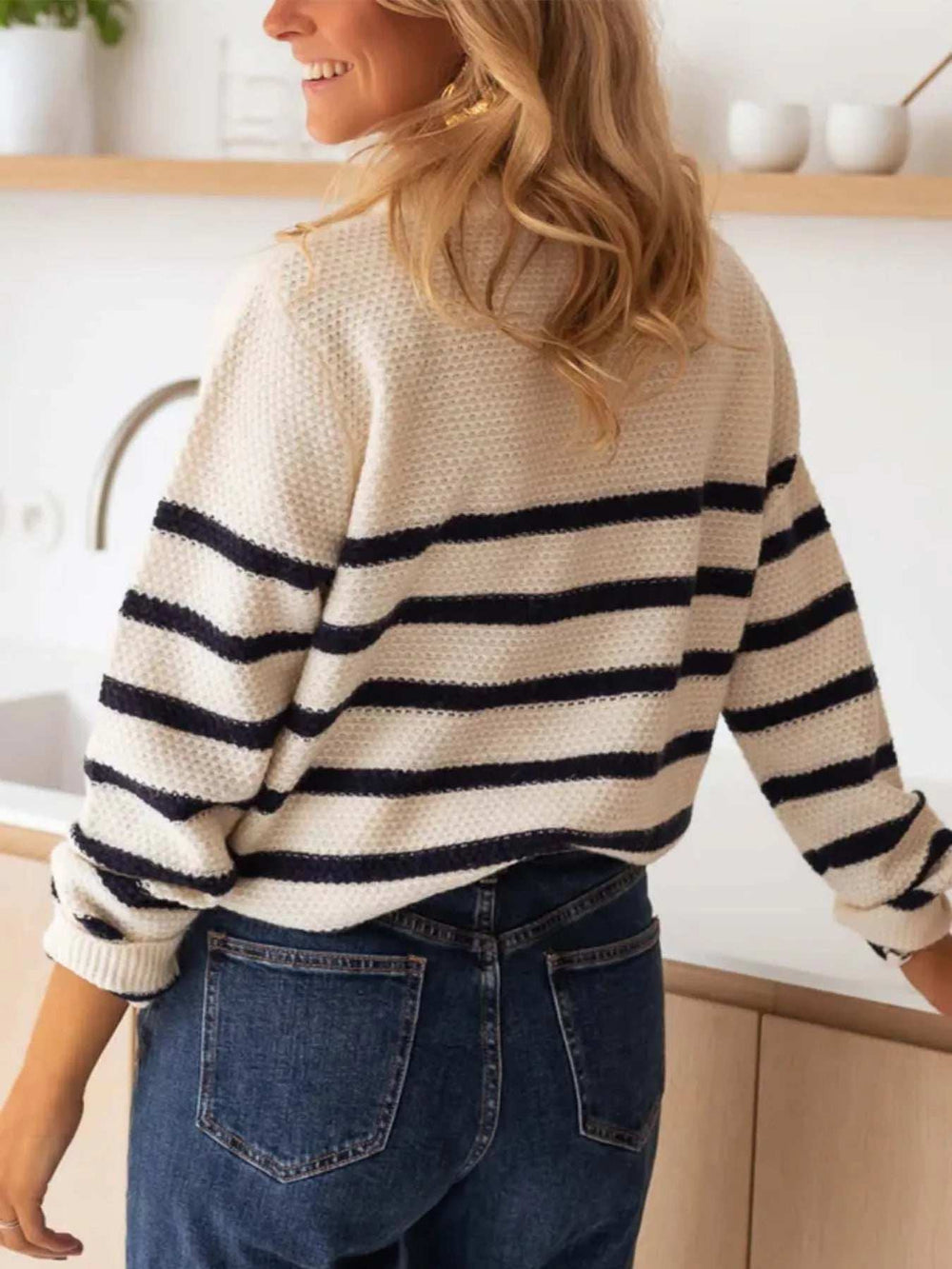 Striped Button-Front Sweater - Trendsi - Flyclothing LLC