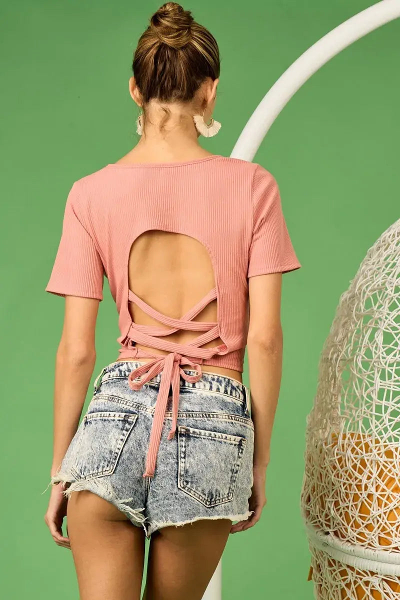 BiBi Rib Knit with Back Cross and Tied Detailed Top - Trendsi - Flyclothing LLC