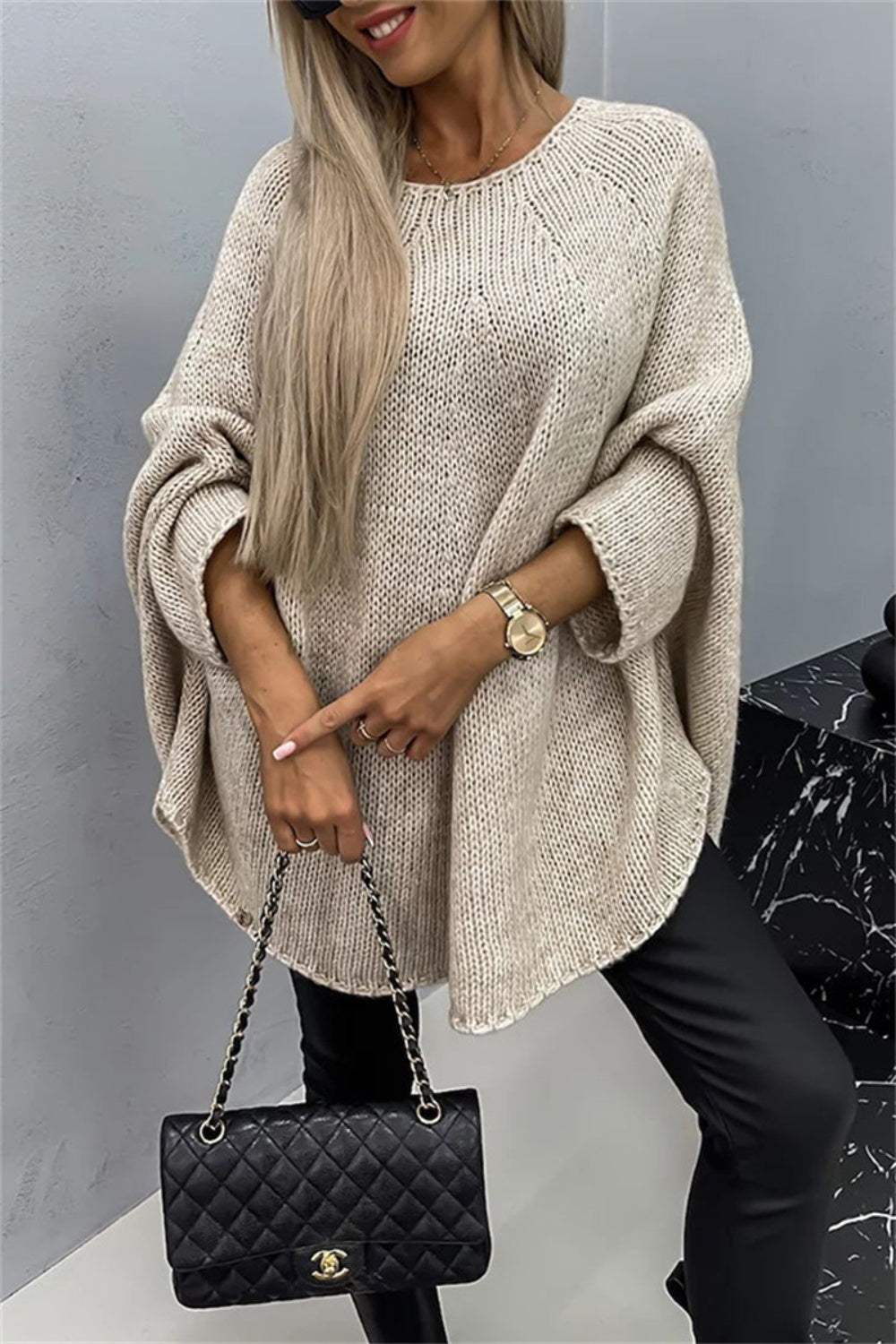 Round Neck Batwing Sleeve Sweater - Trendsi - Flyclothing LLC