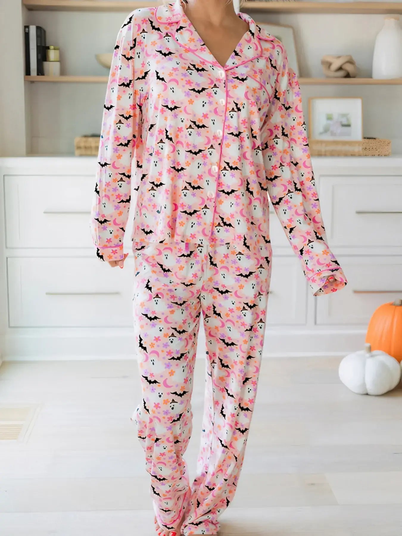 Halloween Ghost Print Button Up Top and Pants Lounge Set - Trendsi - Flyclothing LLC