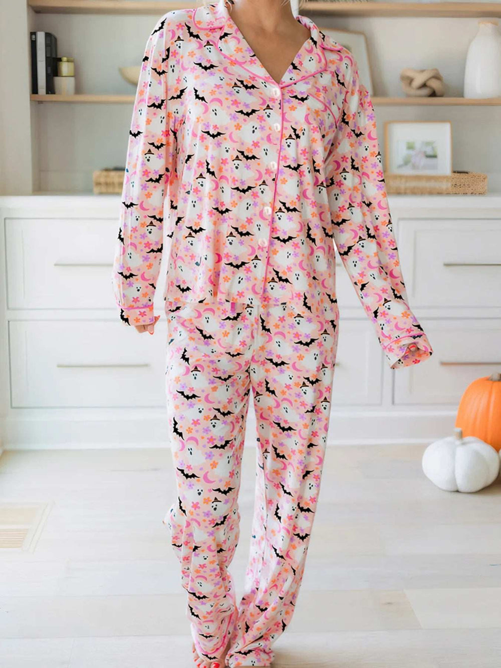 Halloween Ghost Print Button Up Top and Pants Lounge Set - Trendsi - Flyclothing LLC