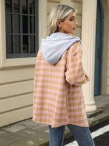Plaid Button Up Long Sleeve Drawstring Hooded Jacket - Trendsi - Flyclothing LLC