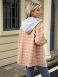 Plaid Button Up Long Sleeve Drawstring Hooded Jacket - Trendsi - Flyclothing LLC