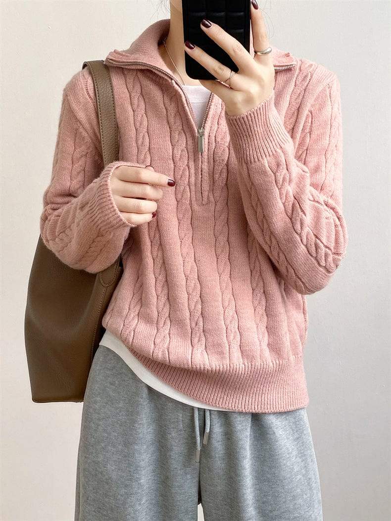 Cable-Knit Half Zip Long Sleeve Sweater - Trendsi - Flyclothing LLC