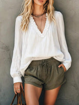 Frill V-Neck Long Sleeve Blouse - Trendsi - Flyclothing LLC