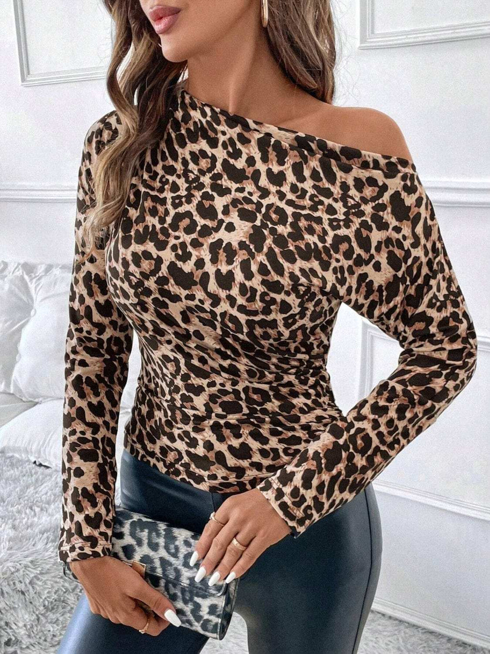 Leopard One Shoulder Long Sleeve T-Shirt - Trendsi - Flyclothing LLC