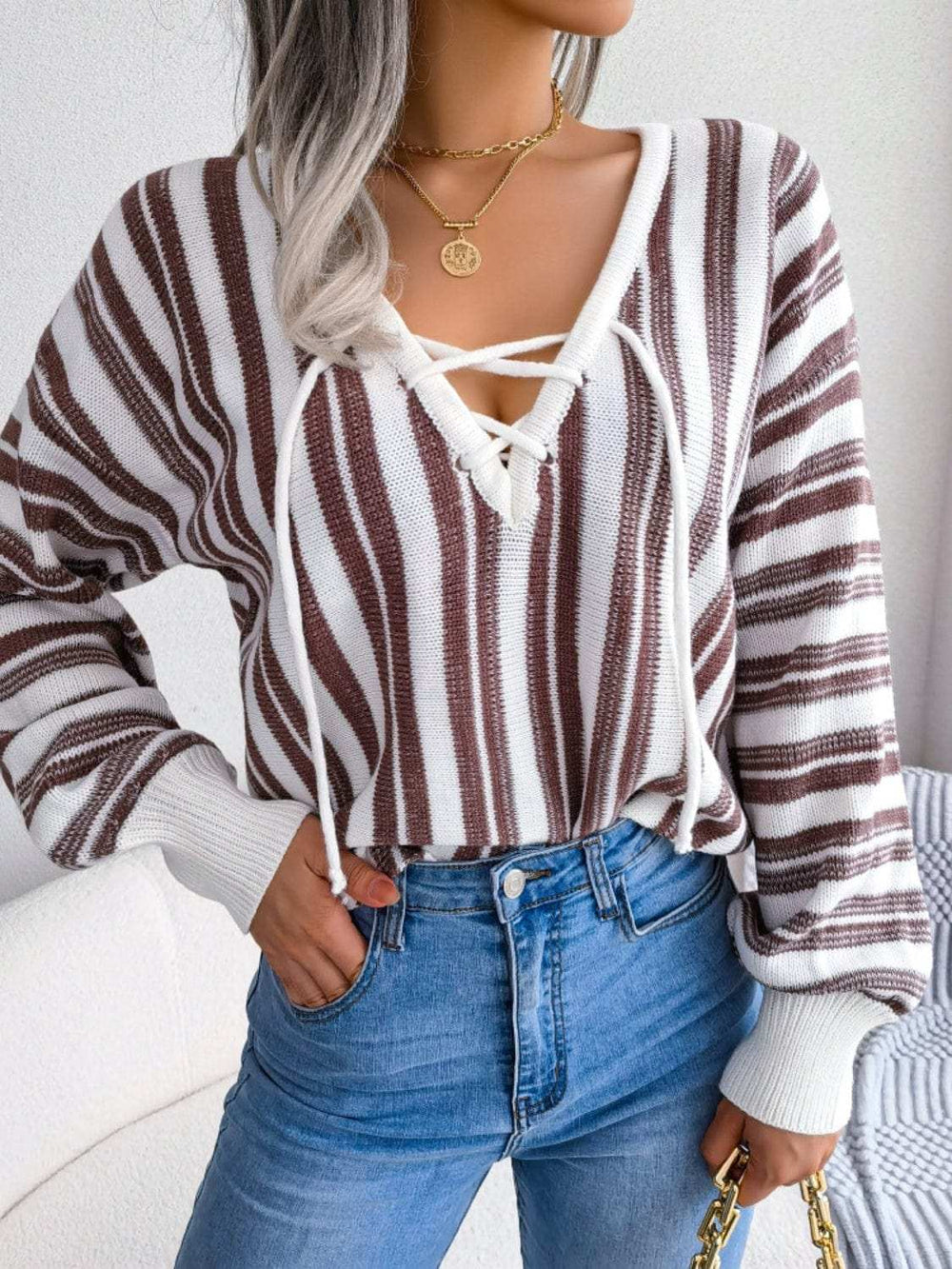 Striped Lace-Up Long Sleeve Sweater - Trendsi - Flyclothing LLC