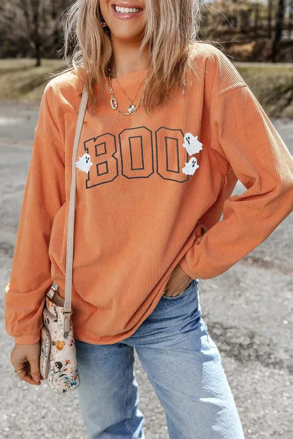 BOO Round Neck Long Sleeve Sweatshirt - Trendsi - Flyclothing LLC