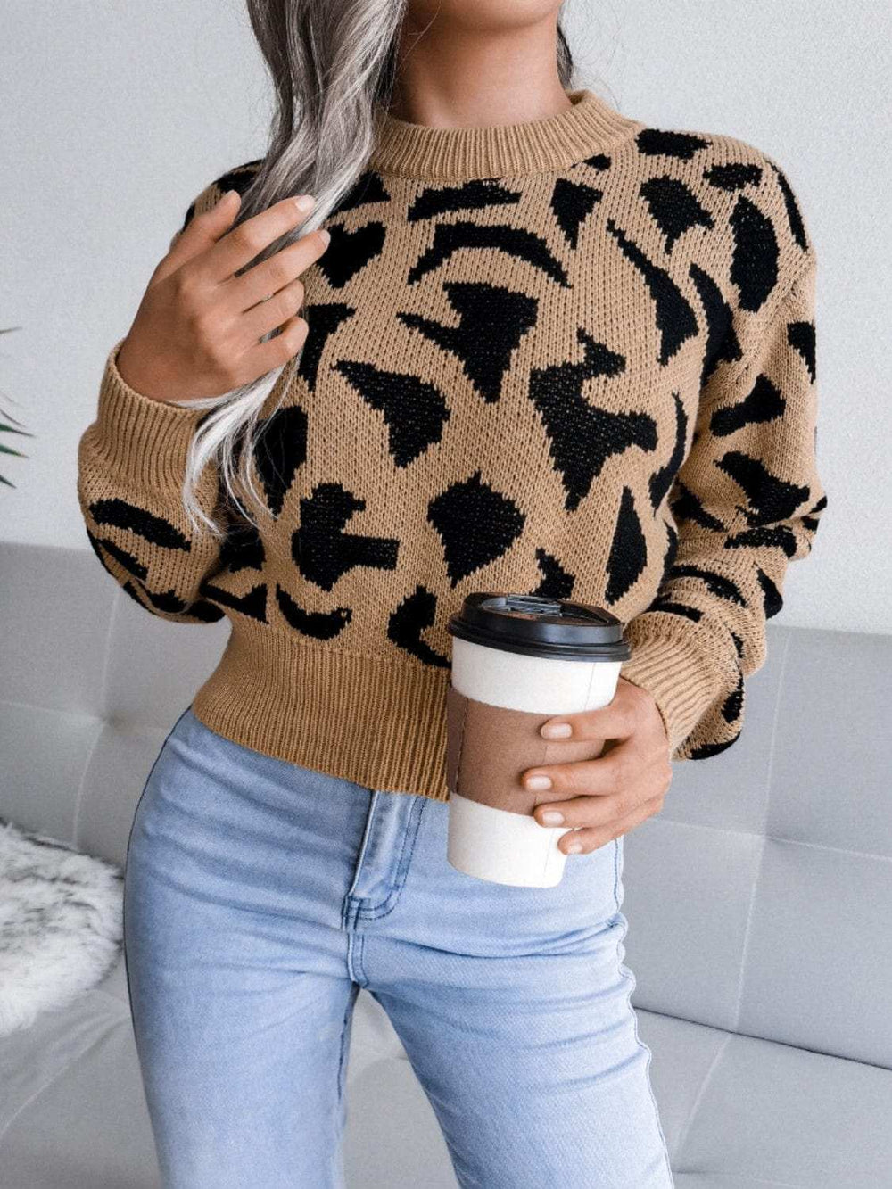 Leopard Round Neck Dropped Shoulder Sweater - Trendsi - Flyclothing LLC
