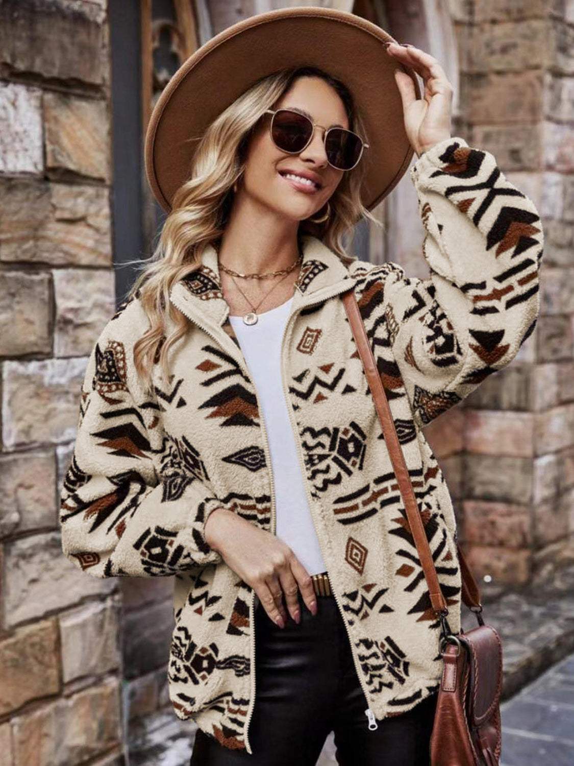 Geometric Zip Up Long Sleeve Outerwear - Trendsi - Flyclothing LLC