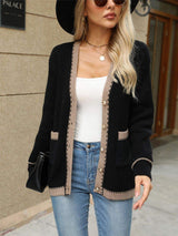 Contrast Trim Button Up Long Sleeve Cardigan - Trendsi - Flyclothing LLC
