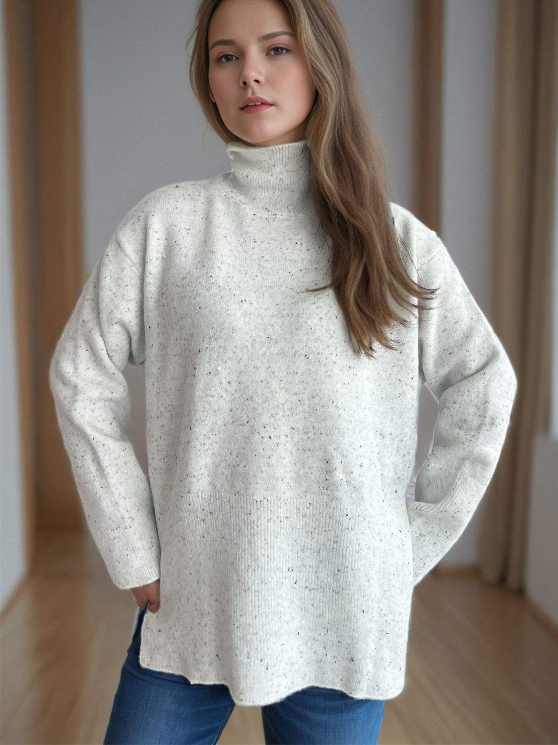 Side Slit Turtleneck Long Sleeve Sweater - Trendsi - Flyclothing LLC
