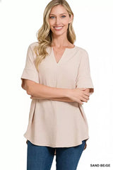 Zenana Woven Airflow Split Neck Short Sleeve Top - Trendsi - Flyclothing LLC