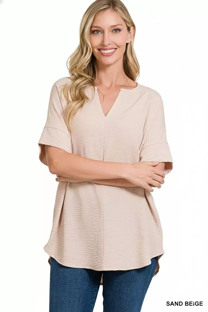 Zenana Woven Airflow Split Neck Short Sleeve Top - Trendsi - Flyclothing LLC