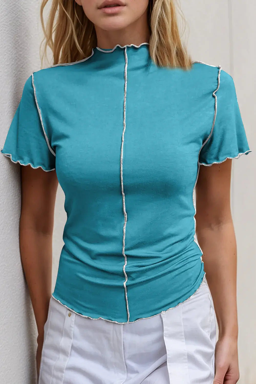 Basic Bae Contrast Trim Mock Neck Short Sleeve T-Shirt - ShopBasicbae - Flyclothing LLC
