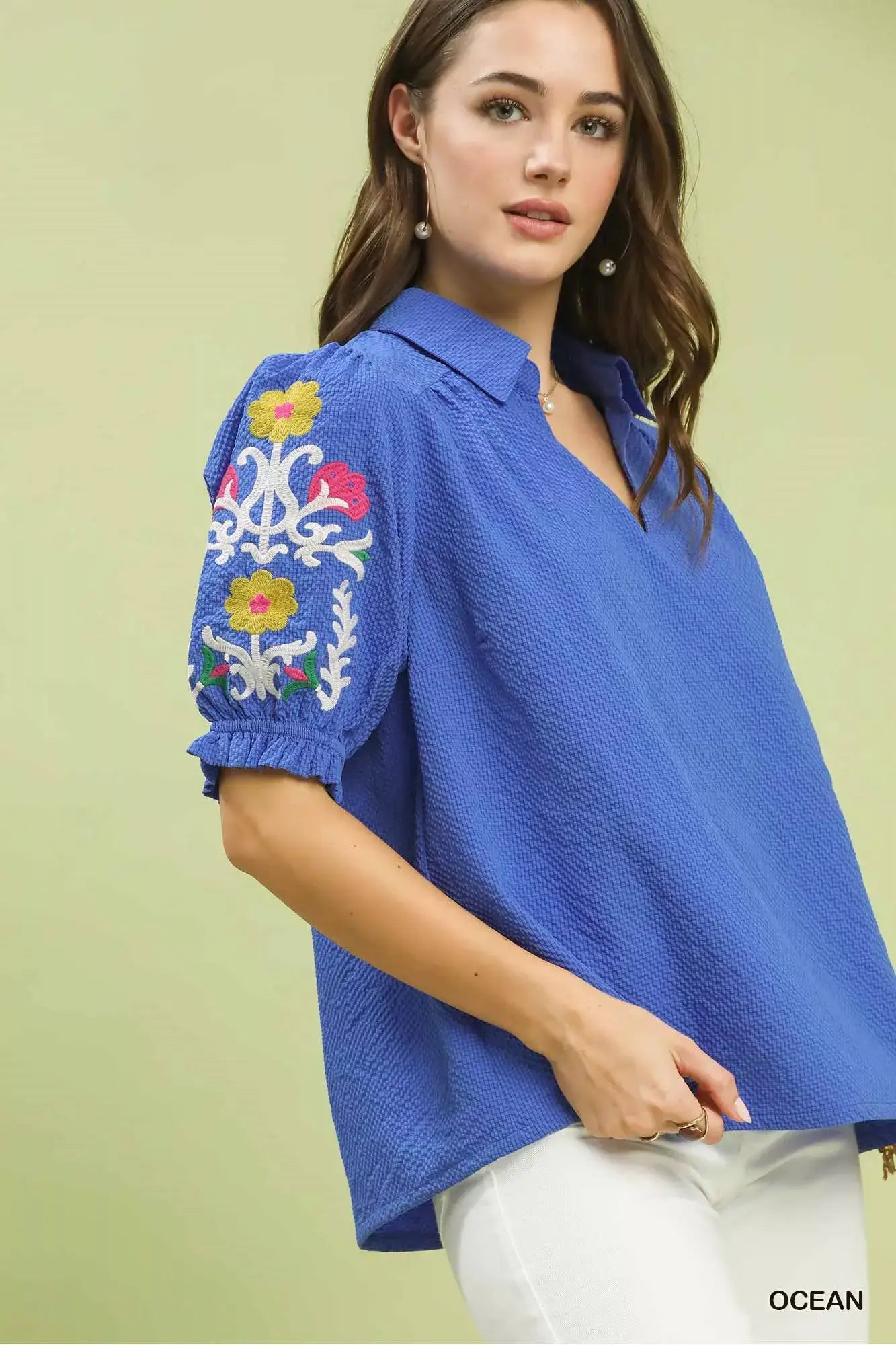 Umgee Seersucker Embroidered Sleeve Blouse - Trendsi - Flyclothing LLC