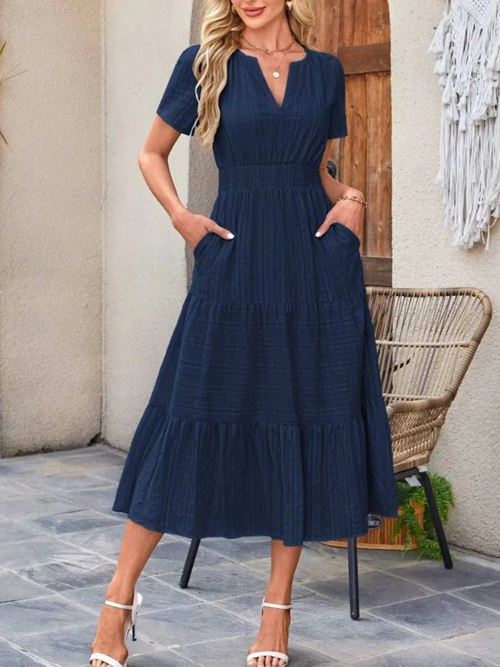 Tiered Notched Short Sleeve Dress - Trendsi - Flyclothing LLC