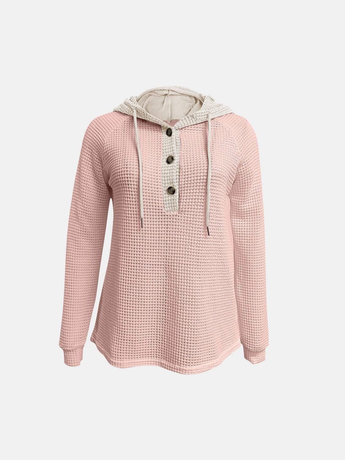 Full Size Waffle-Knit Contrast Long Sleeve Hoodie - Trendsi - Flyclothing LLC