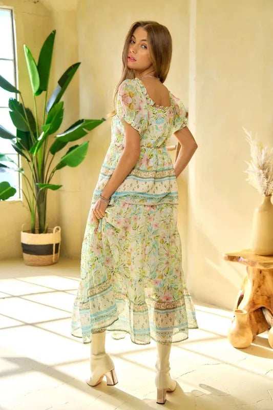 Davi & Dani Spring Floral Border Print Ruffled Textured Top - Trendsi - Flyclothing LLC