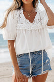 Lace Patchwork Tie Neck Short Sleeve Blouse - Trendsi