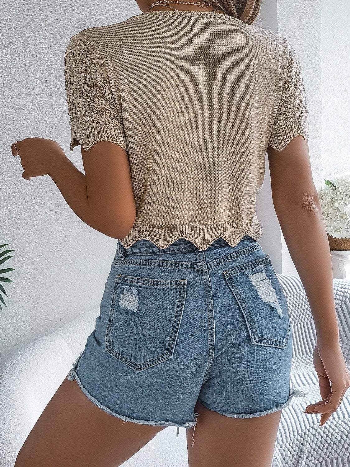 Tied Openwork Short Sleeve Cardigan - Trendsi - Flyclothing LLC