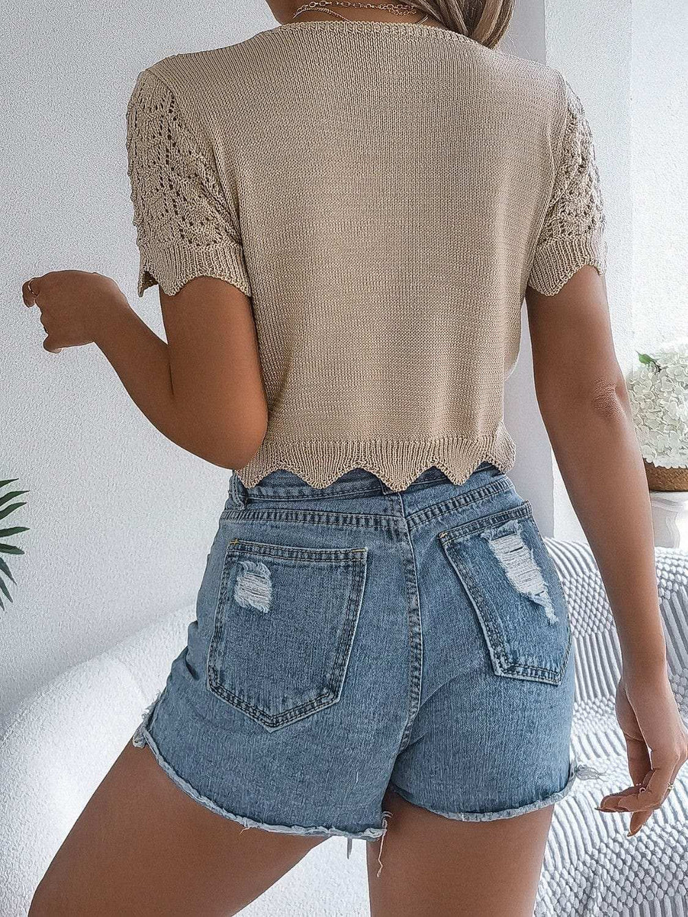 Tied Openwork Short Sleeve Cardigan - Trendsi - Flyclothing LLC