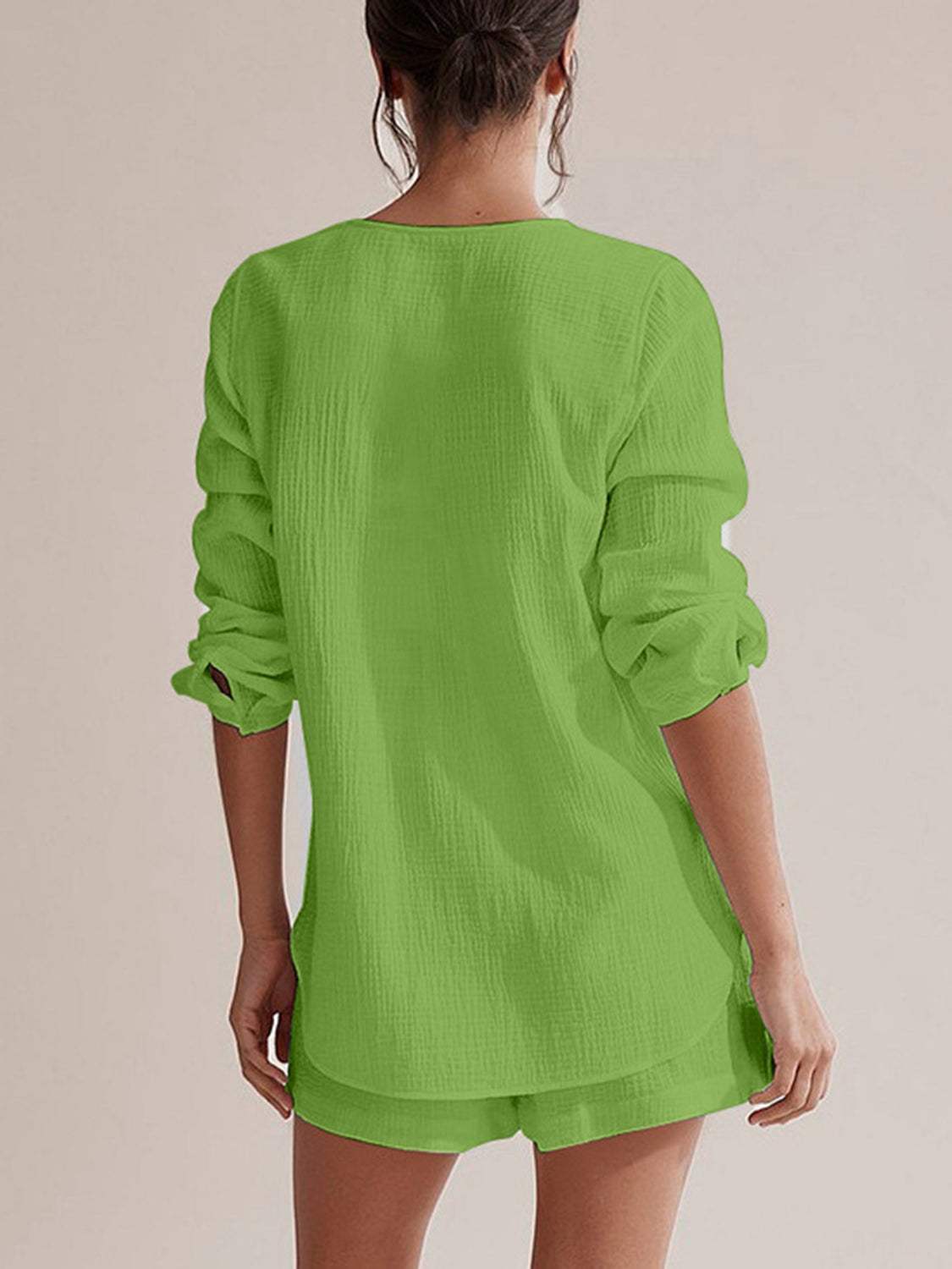 Notched Long Sleeve Top and Shorts Set - Trendsi - Flyclothing LLC