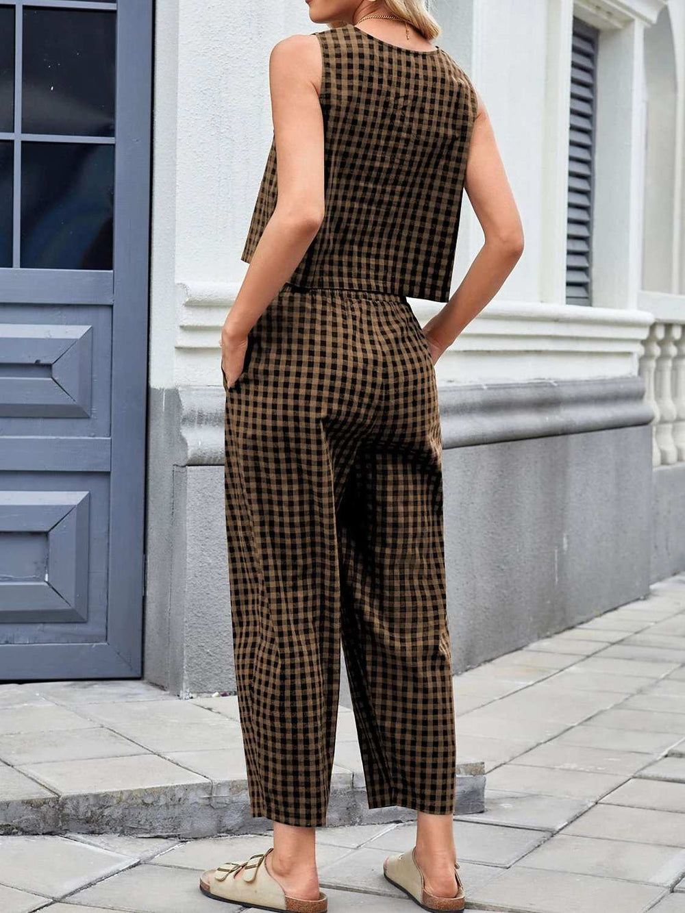 Lovelet Plaid Round Neck Sleeveless Top and Pants Set - Trendsi - Flyclothing LLC