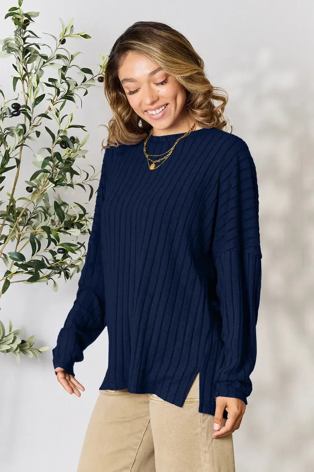 Basic Bae Full Size Ribbed Round Neck Slit Knit Top - ShopBasicbae - Flyclothing LLC
