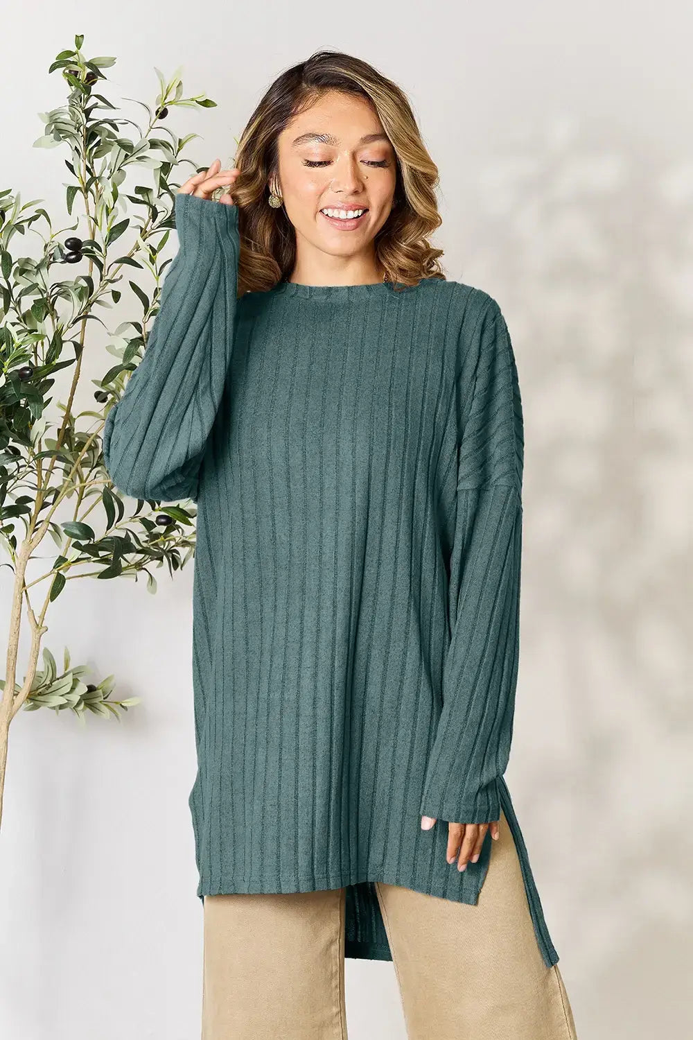 Basic Bae Full Size Ribbed Round Neck Long Sleeve Slit Top - ShopBasicbae - Flyclothing LLC