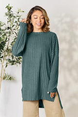 Basic Bae Full Size Ribbed Round Neck Long Sleeve Slit Top - ShopBasicbae - Flyclothing LLC