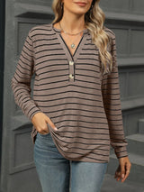 Striped Henley T-Shirt with Button Detail - Trendsi - Flyclothing LLC