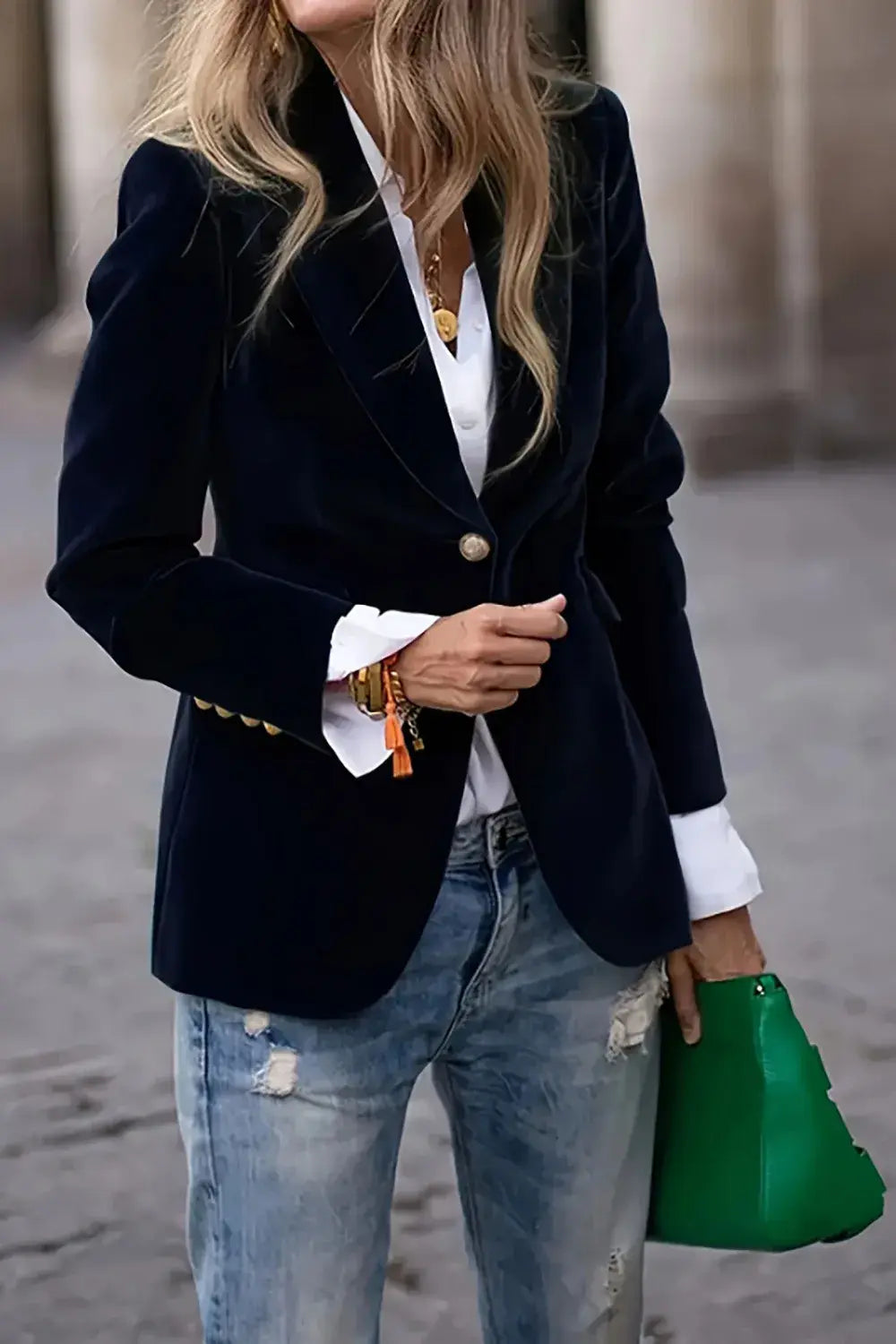 One Button Lapel Collar Long Sleeve Blazer - Trendsi - Flyclothing LLC