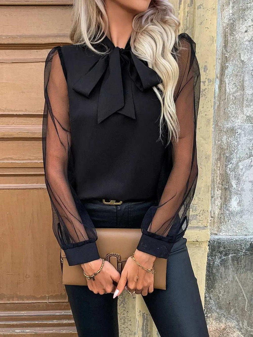 Tie Neck Long Sleeve Blouse - Trendsi - Flyclothing LLC