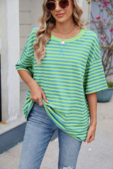 Contrast Striped Round Neck Half Sleeve T-Shirt - Trendsi - Flyclothing LLC