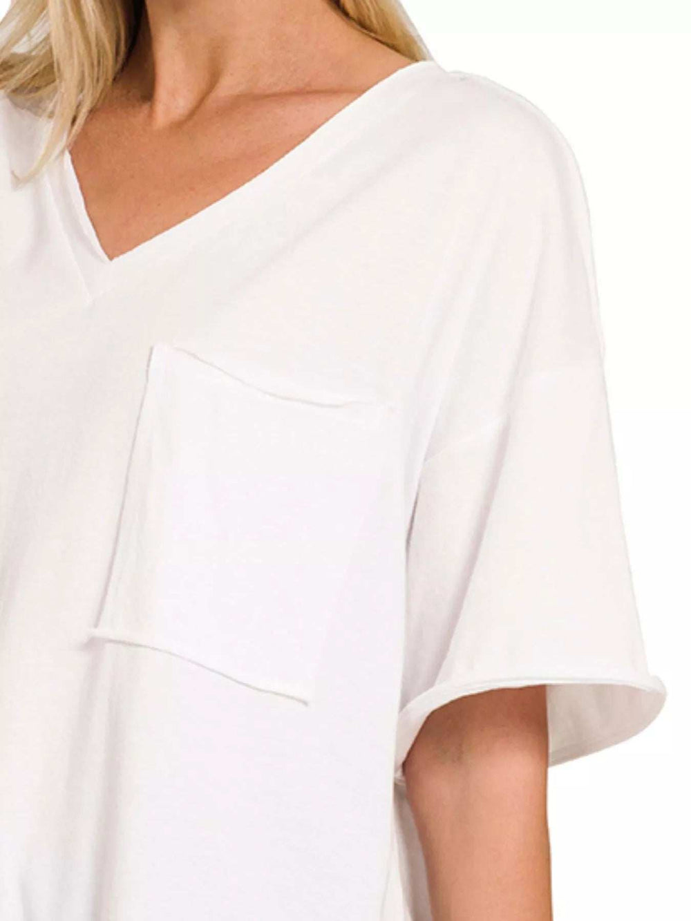 Zenana Front Pocket Raw Edge Boyfriend Tee - Trendsi - Flyclothing LLC