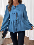 Peplum Tie Neck Balloon Sleeve Blouse - Trendsi