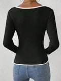 Contrast Trim Long Sleeve Knit Top - Trendsi - Flyclothing LLC