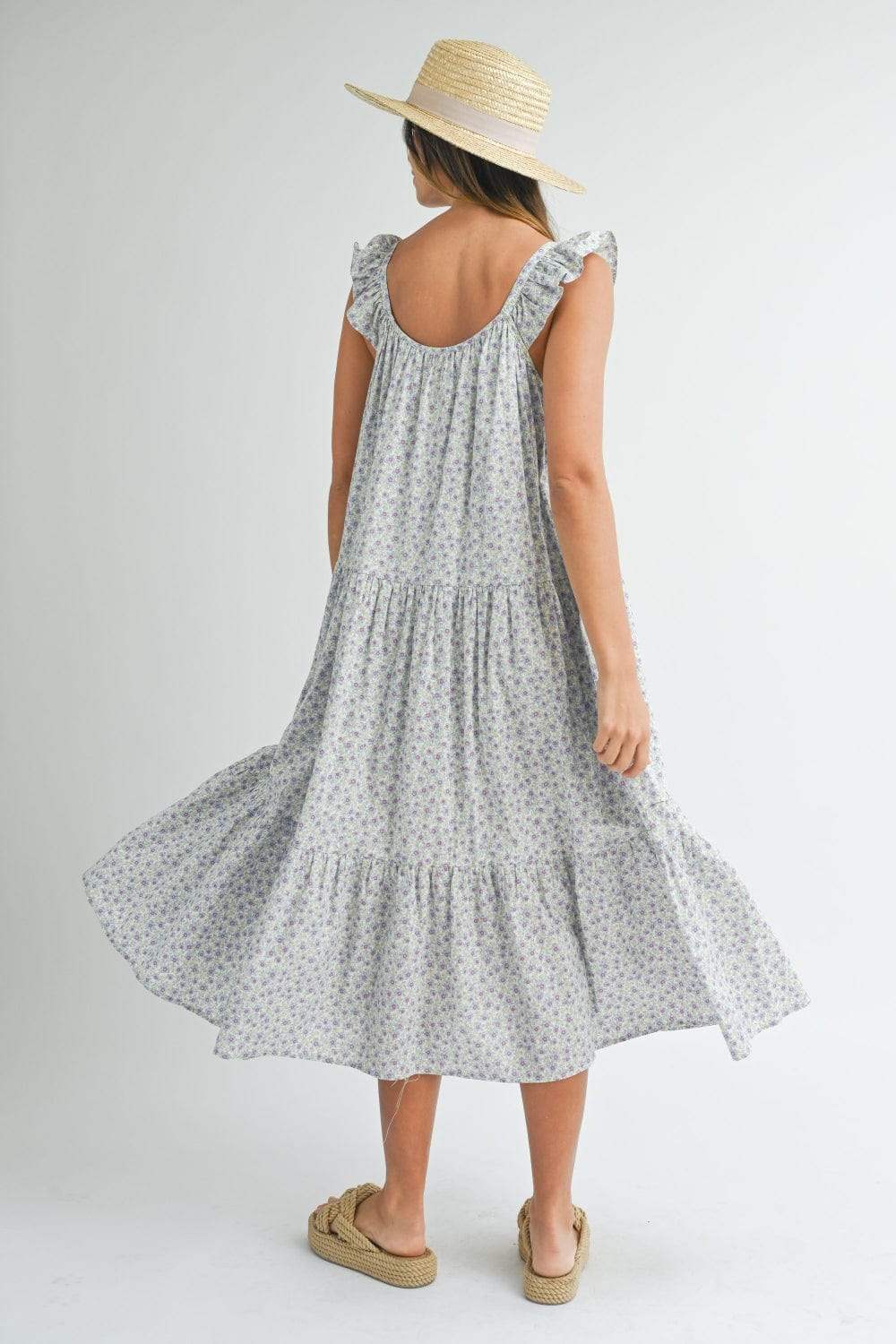 MABLE Floral Ruffle Shoulder Tiered Midi Dress - Trendsi - Flyclothing LLC