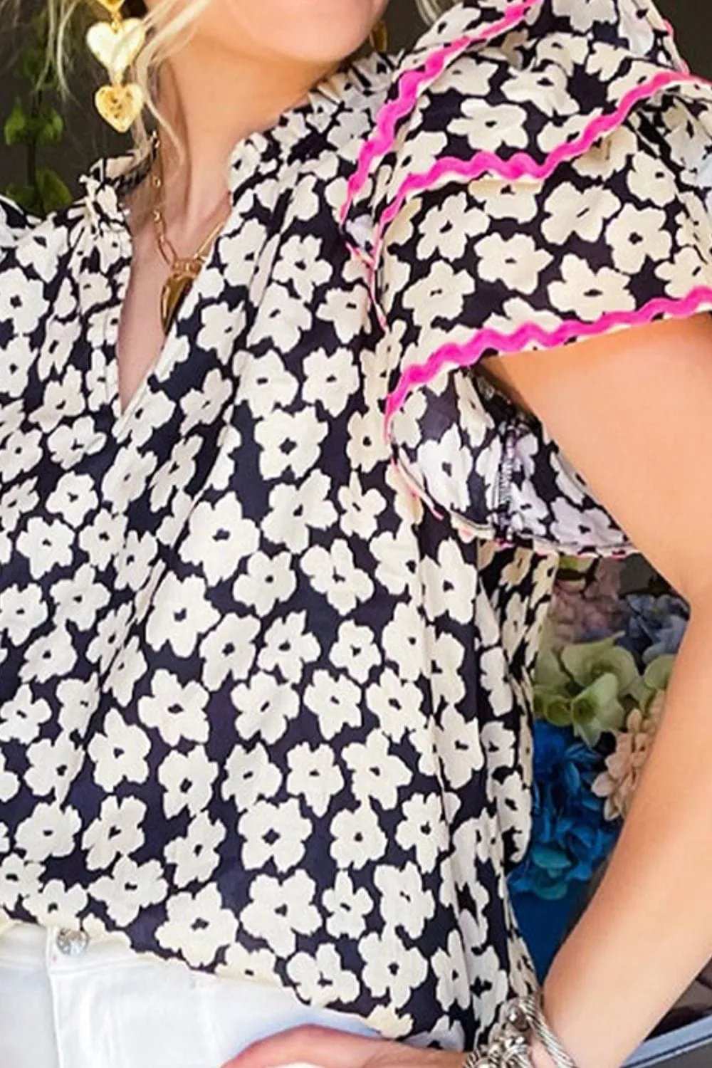 Printed V-Neck Flounce Sleeve Blouse - Trendsi - Flyclothing LLC