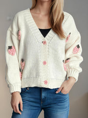 Crochet Strawberry V-Neck Long Sleeve Cardigan - Trendsi