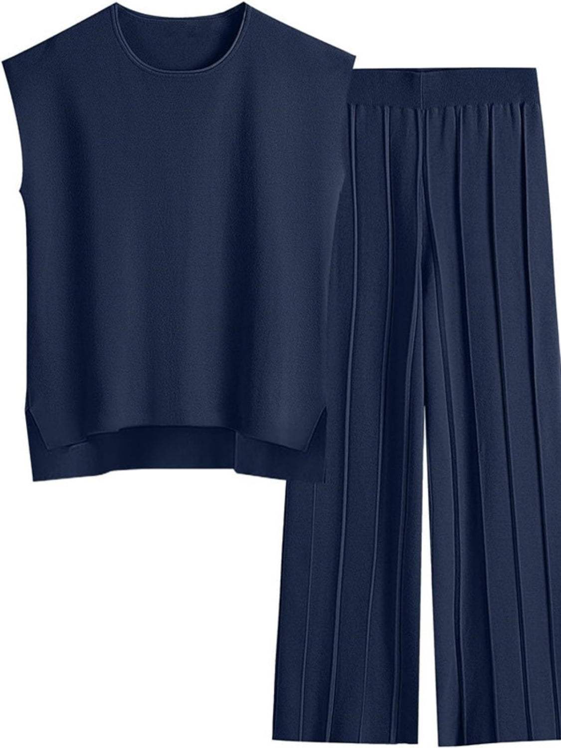 Round Neck Cap Sleeve Top and Pants Knit Set - Trendsi - Flyclothing LLC