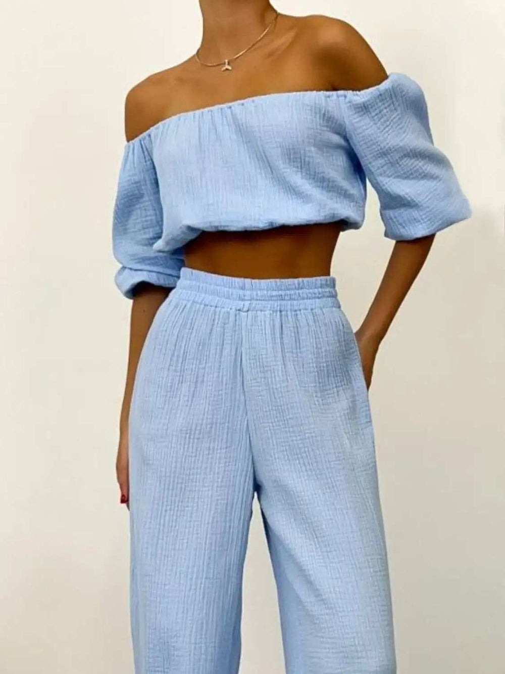 Off Shoulder Long Sleeve Top and Pants Set - Trendsi - Flyclothing LLC