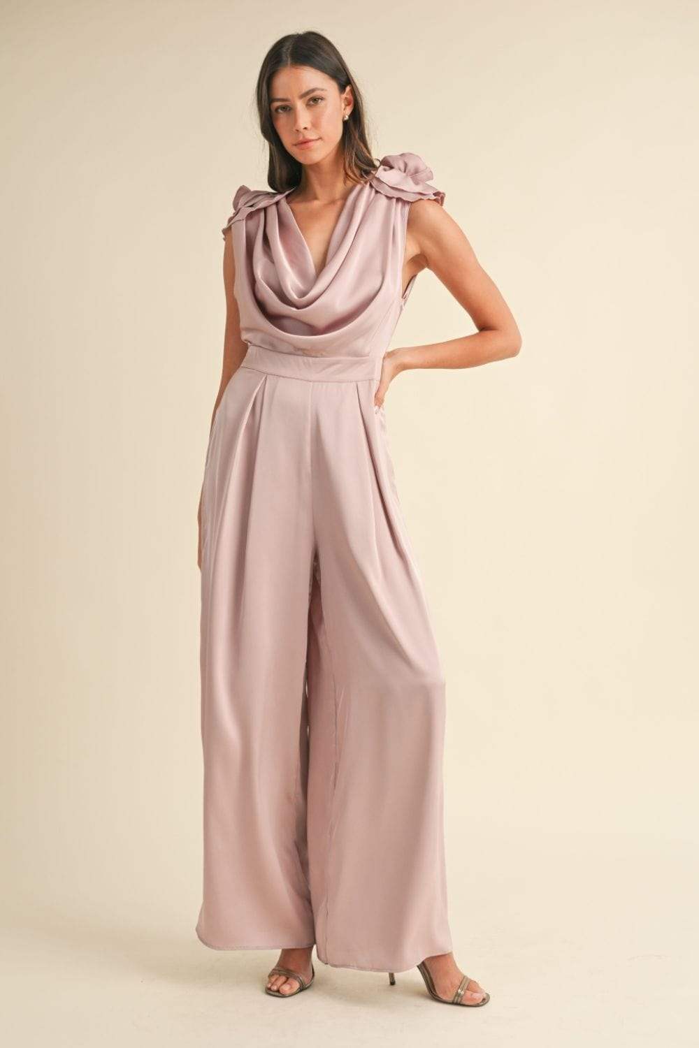 MABLE 3D Floral Applique Deep Cowl Neck Jumpsuit - Trendsi - Flyclothing LLC