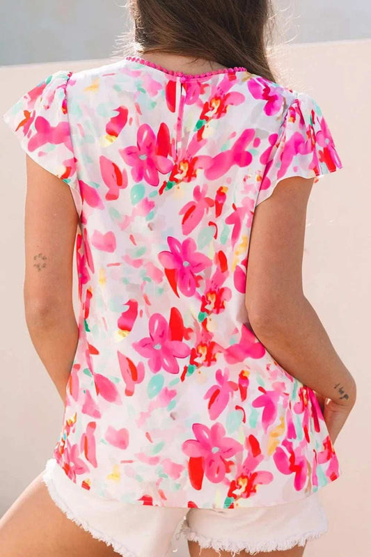 Floral Print Ruffle Sleeve Round Neck Blouse - Trendsi - Flyclothing LLC